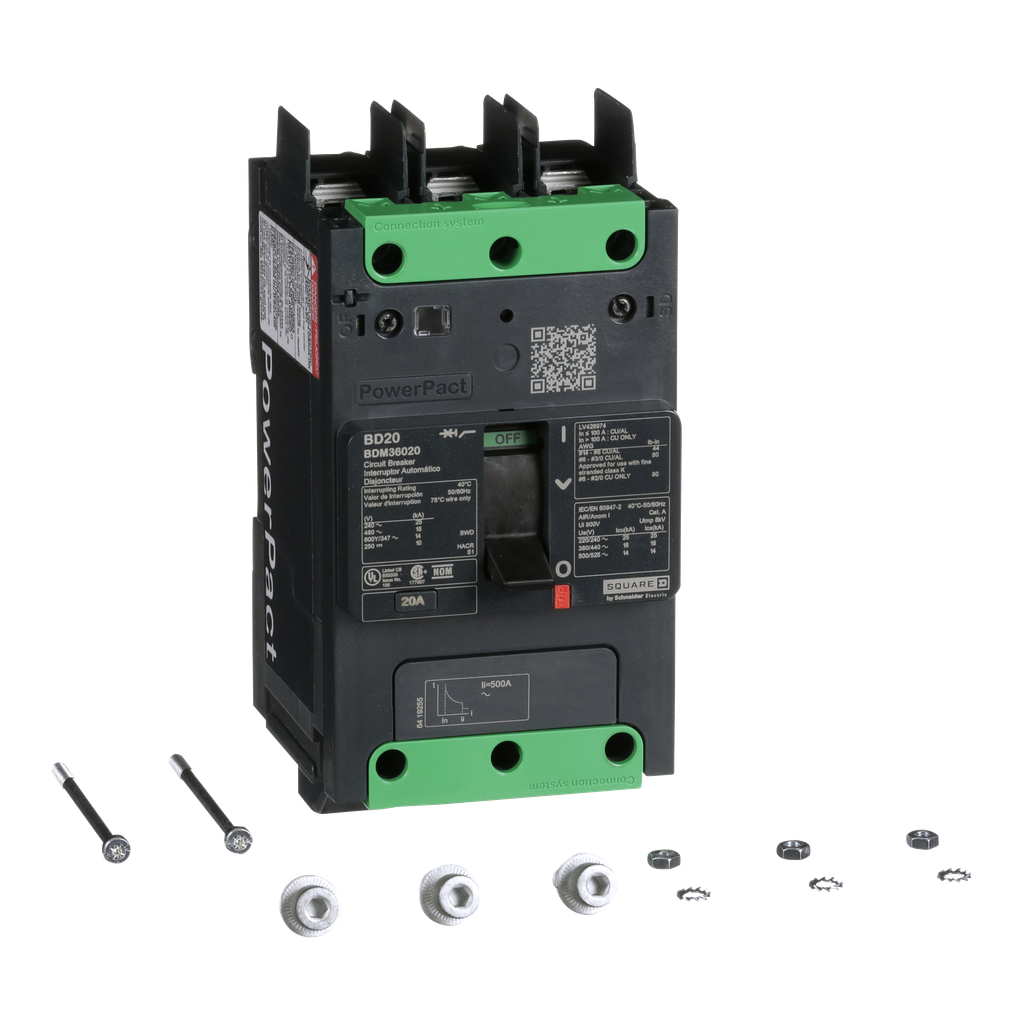 PowerPact B Circuit Breaker, 20A, 3P, 600Y/347V AC, 14kA At 600Y/347 UL ...